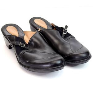 Clarks Artisan Heels Mules Comfort Shoes Womens Sz 11M Black Slip On Round Toe